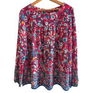 Loft Outlet Womens Large Pink Blue Floral Border Print Long Sleeve Blouse 461066